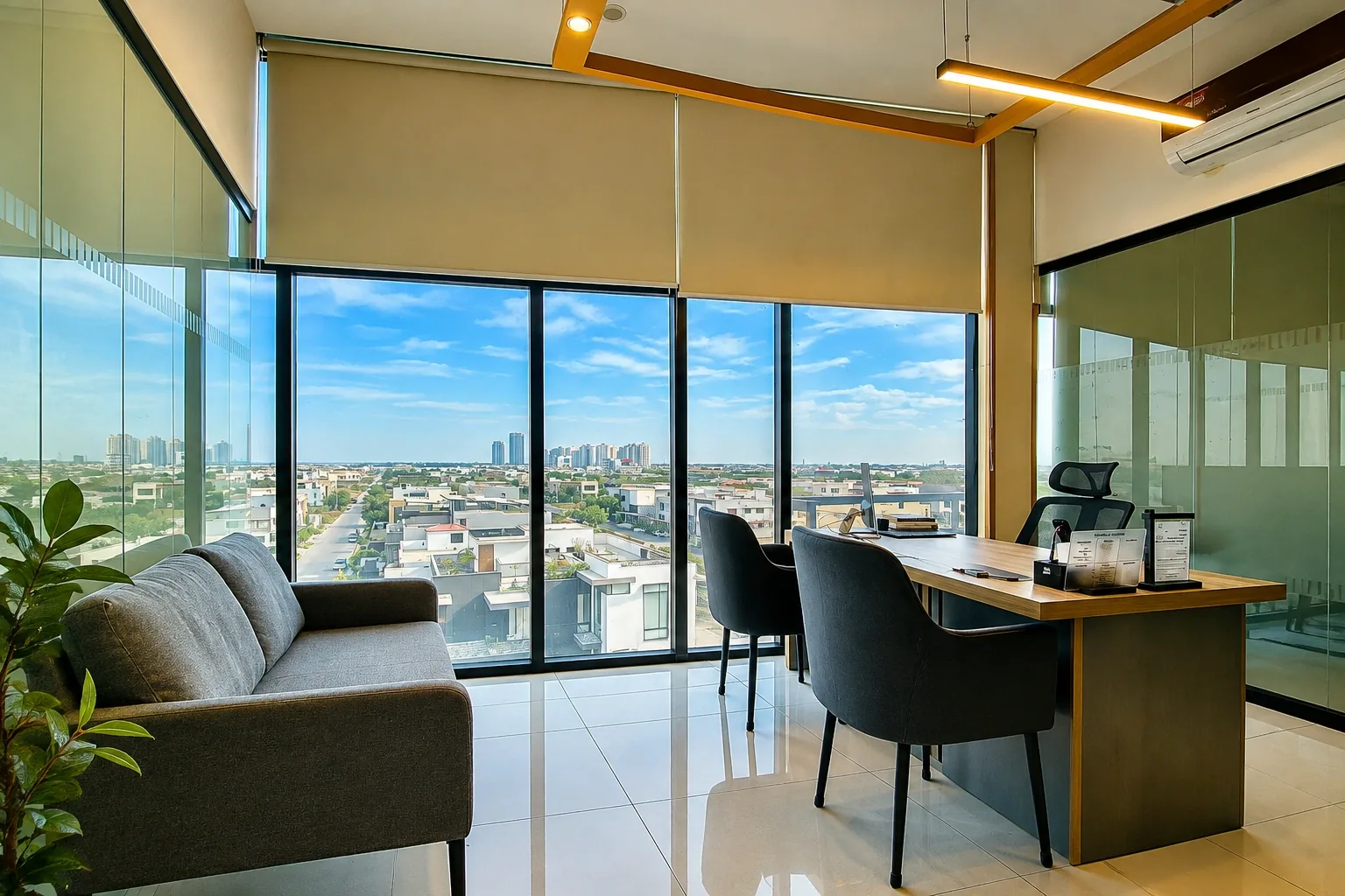 A SpaceShare office with a sofa, desk and floor-to-ceiling windows over the city