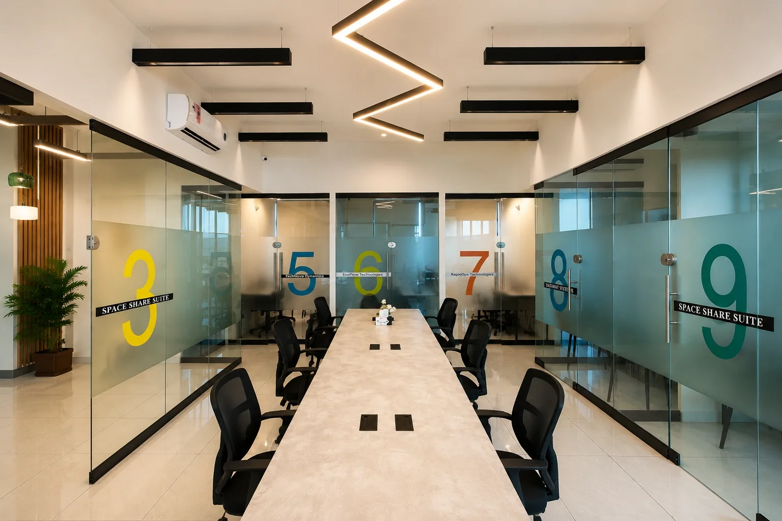 A long shared table between frosted-glass suites numbered 3 to 9, under angular ceiling lights