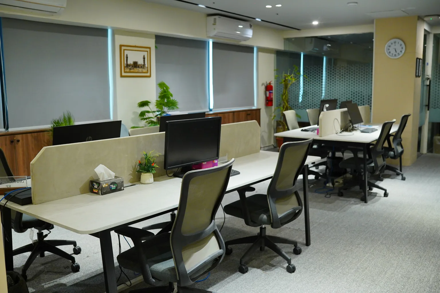 Rows of hot desks with monitors and privacy screens, plants along the window wall
