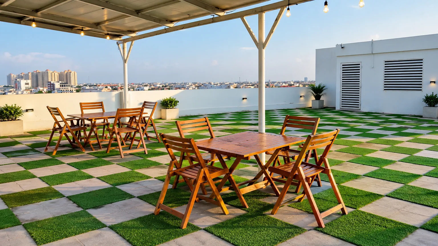 The DHA Phase 8 rooftop, with wooden tables on a chequered lawn under a canopy and the city skyline beyond